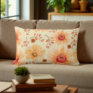 Boho-Botanik-Aquarell-Cream-Orangen-Blumenmuster  Lendenkissen