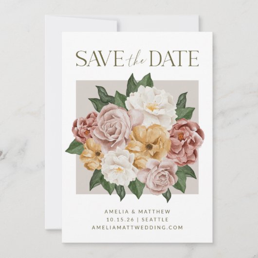Boho Botanische Blume Bouquet Elegante Hochzeit Save The Date (Vorderseite)