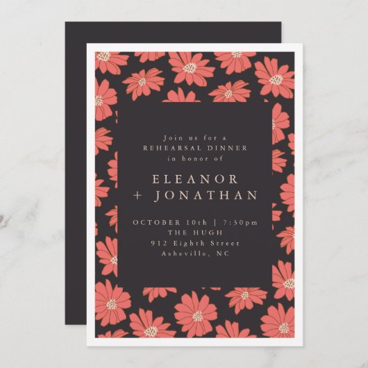 Boho Botanische Blume Schwarz Rote Probe Abendesse Einladung (Vorne/Hinten)