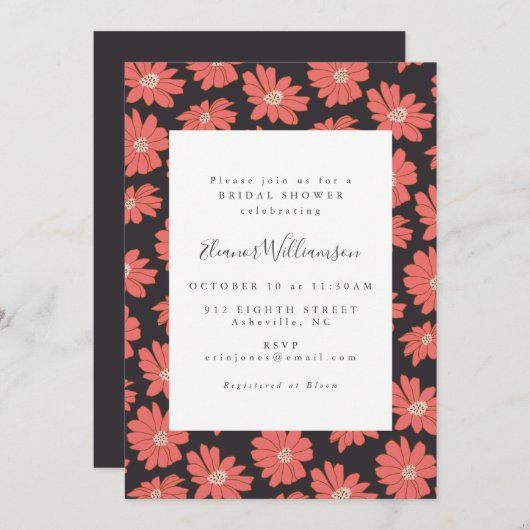 Boho Botanische Blume Schwarzes Rotes Brautparty Einladung (Vorne/Hinten)