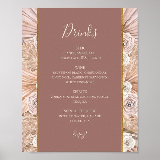 Boho Botanische Dusty Rose Wedding Drinks Menü Zei Poster (Vorne)
