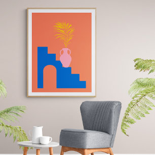 Boho botanische Formen in Orange und Blau Poster