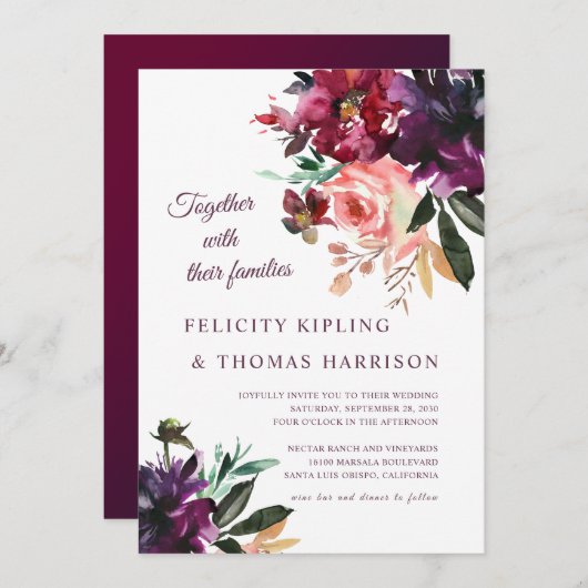 Boho Botanische Hochzeit in Burgund & Blush Einladung (Vorne/Hinten)