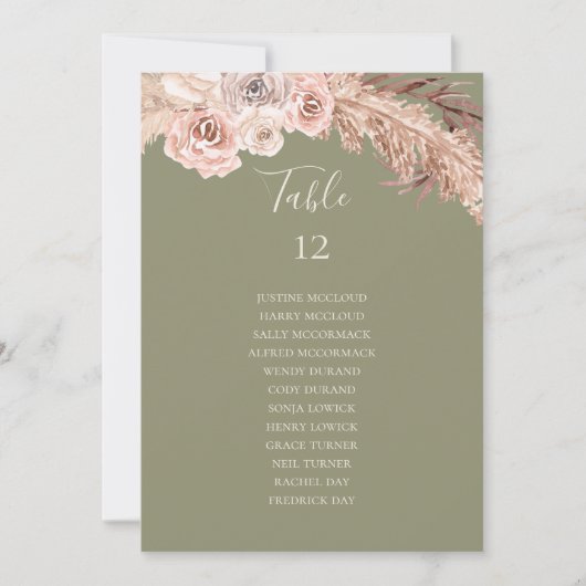 Boho botanische Oliven-Grüne Tischnummer (Vorderseite)