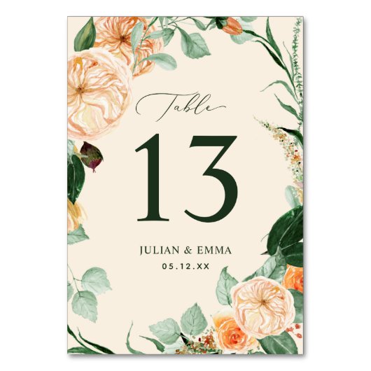 Boho Botanische Pastel Peach Greenery Bloral Custo Tischnummer (Vorderseite)