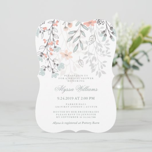 Boho Botanische Rustikale Brautparty Koralle und G Einladung (Stehend Vorderseite)