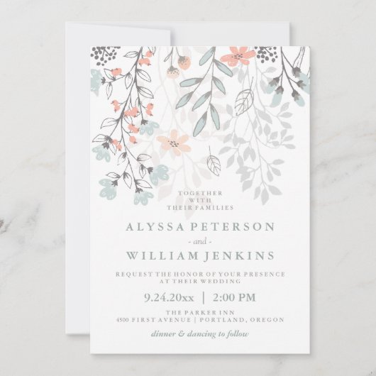 Boho Botanische Rustikale Hochzeit in Korallen und Einladung (Vorderseite)