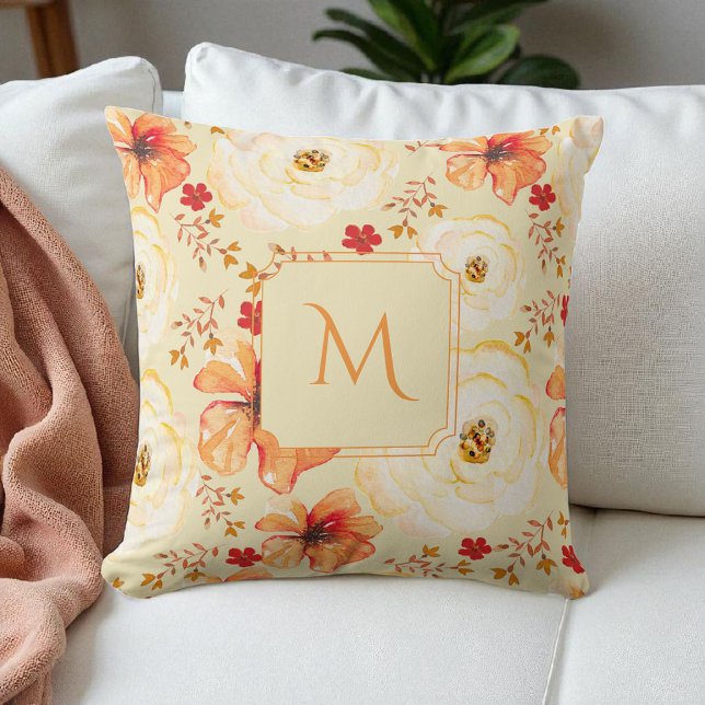 Boho Botanische Wasserfarbe Creme Orange Floral Kissen (Von Creator hochgeladen)