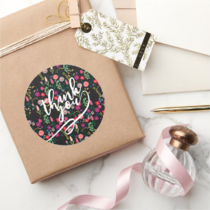 Boho Botanische Wasserfarben Blumen Schwarz Runder Aufkleber