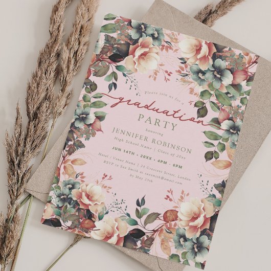 Boho Botanischer Garten Blumen Abschluss Rosa Einladung