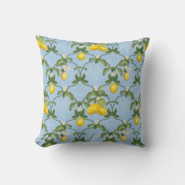 BOHO Botanischer Lemon Citrus Floral Style Blau Kissen (Vorderseite)