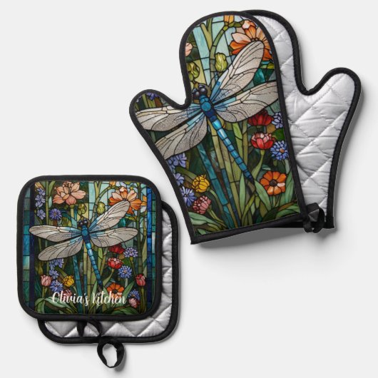 Boho-botanisches Fleckglas Ofenhandschuh & Topflappen-Set (Vorderseite/Rückseite)