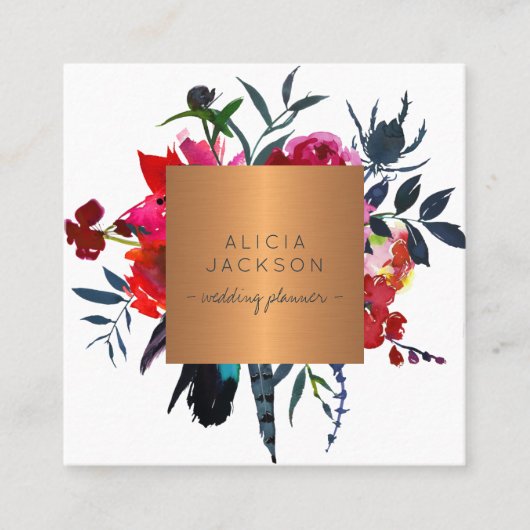 Boho Bouquet Kupfer Gold Hochzeitsplaner Quadratische Visitenkarte (Vorderseite)