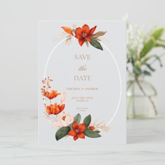 Boho Bouquet mit Feuerkuchen Save the Date (Stehend Vorderseite)