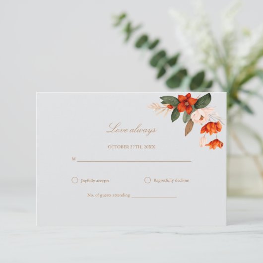 Boho Bouquet mit feurigen Blume Hochzeit RSVP Karte (Stehend Vorderseite)
