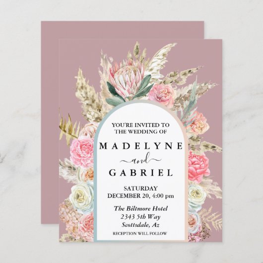 Boho Bouquet Pampas Grass Arch Einladung (Vorne/Hinten)