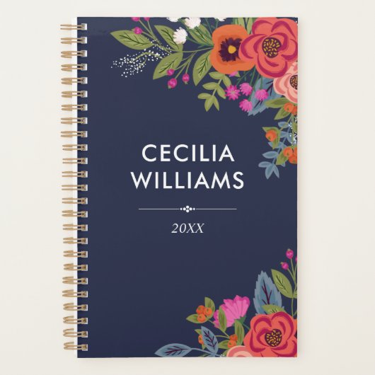 Boho Bouquets - Navy Blue & Coral - Name Planer (Vorderseite)