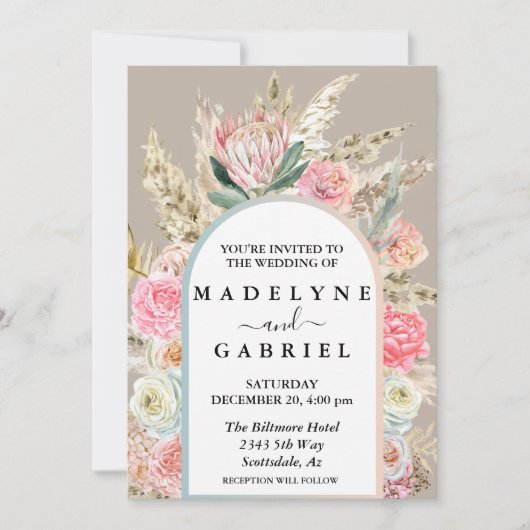 Boho Bouquets Pampas Grass Arch Frame Einladung (Vorderseite)