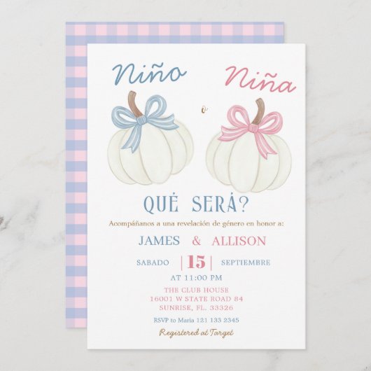 Boho Bow Pumpkin Spanish Gender Reveal Einladung (Vorne/Hinten)