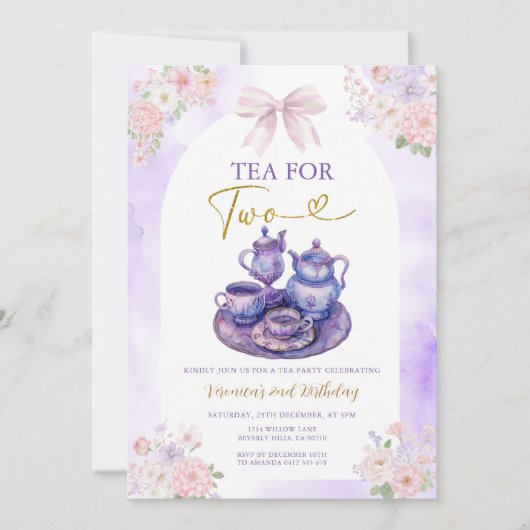 Boho Bow Purple Tea for two girl Birthday flowers Einladung (Vorderseite)