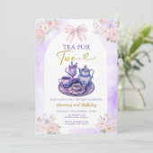 Boho Bow Purple Tea for two girl Birthday flowers Einladung (Stehend Vorderseite)