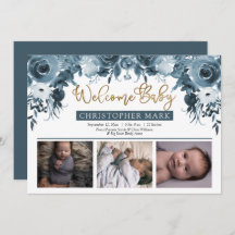Boho Boy 3 Foto Blue Watercolor Gold Floral Birth