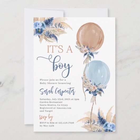 Boho Boy Balloons Kinderdusche Einladung (Vorderseite)