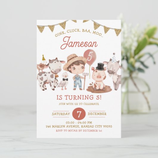 Boho Boy Farm Birthday Einladung (Stehend Vorderseite)