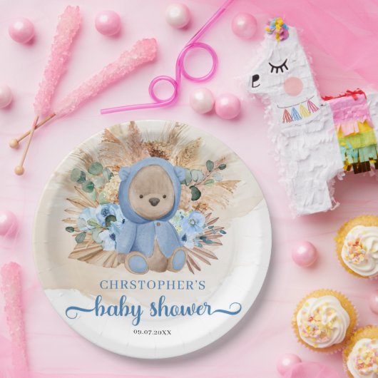 Boho Boy Teddy Bär Pampas Gras blaue Babydusche Pappteller (Party)