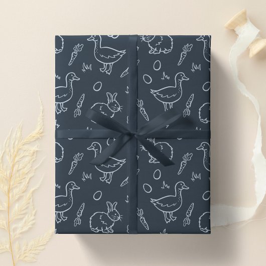 Boho Boys Easter Cute Bunny Rabbit Goose Dark Blue Geschenkpapier