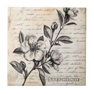 Boho-Braun-Blumen-Skizze Vintage-Pergament Fliese