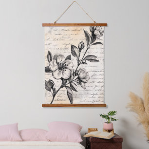 Boho-Braun-Blumen-Skizze Vintage-Pergament Wandteppich Mit Holzrahmen