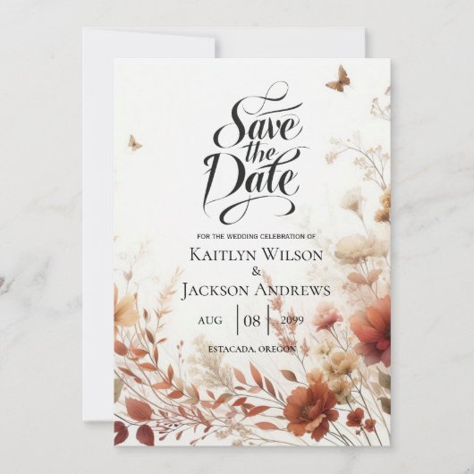 Boho-Braun mit Schmetterlingen Florale Hochzeit Save The Date (Vorderseite)