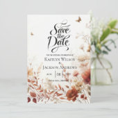 Boho-Braun mit Schmetterlingen Florale Hochzeit Save The Date (Stehend Vorderseite)