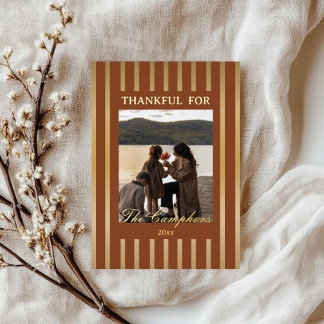 Boho-Braun-Streifen Thanksgiving-Familienfoto Gold Folien Feiertagskarte