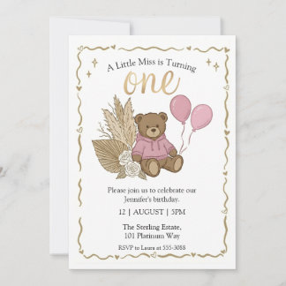 Boho-Braun Teddy Bear Rosa Ballons Geburtstag Einladung
