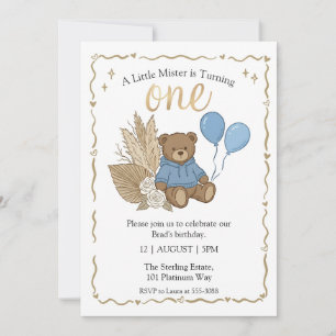 Boho-Braun-Teddybär-blaue-Ballons-Geburtstag Einladung