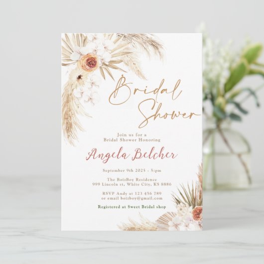 Boho Brautparty Boho Pampas Grass Brautparty Einladung (Stehend Vorderseite)