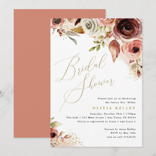 Boho Brautparty, Earthy Floral Gold Script Einladung