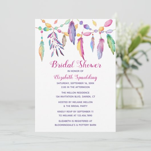 Boho Brautparty Fether Indian Lila Südwest Einladung (Stehend Vorderseite)