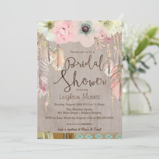 Boho Brautparty Invite, Tribal Feather Rustikal Einladung (Stehend Vorderseite)