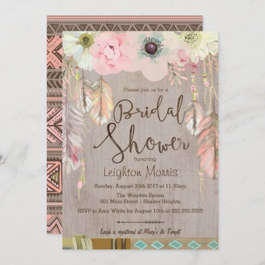 Boho Brautparty Invite, Tribal Feather Rustikal Einladung (Vorne/Hinten)