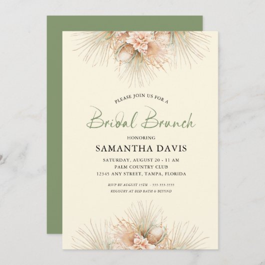 Boho Bridal Brunch mit grün getrockneten Palmen Einladung (Vorne/Hinten)