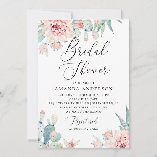 Boho Bridal Shower | Watercolor Cactus Floral Einladung (Vorderseite)