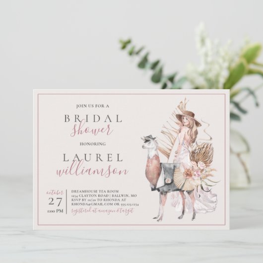 Boho Bride und Formal Llama Brautparty Einladung (Stehend Vorderseite)