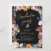 Boho Bright Wildflower Black Photo Graduation Einladung (Vorderseite)