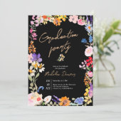 Boho Bright Wildflower Black Photo Graduation Einladung (Stehend Vorderseite)