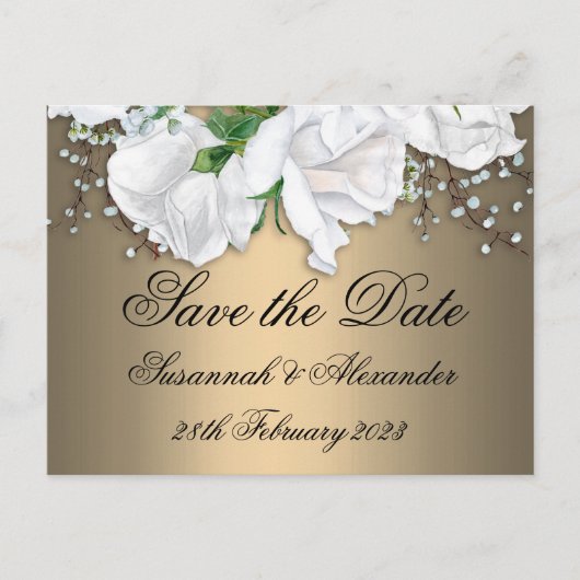 Boho Bronze und White Roses Save the Date Hochzeit Ankündigungspostkarte (Vorderseite)