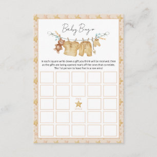 Boho Brown Clothesline Babydusche Bingo Game Card Begleitkarte