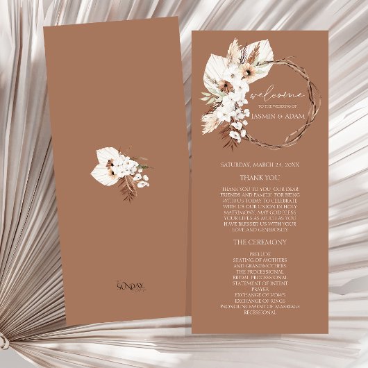 Boho Brown Dried Floral Wreath Wedding Program